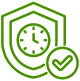 A green shield featuring a clock and a checkmark, symbolizing protection and timely completion.