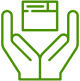 A green icon depicting two hands gently holding a computer, symbolizing support and technology.