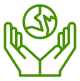 A green icon depicting two hands gently cradling a globe, symbolizing care for the planet.