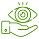 A green icon depicting a hand holding an eye, symbolizing vision and perception.