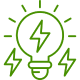 A green light bulb surrounded by lightning bolts, symbolizing energy and innovation.