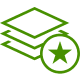 A green star icon positioned above a stack of books, symbolizing knowledge and achievement.