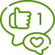 A green speech bubble featuring a thumbs up icon and a heart symbol, conveying positivity and approval.