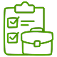 A green line outline depicting a briefcase alongside a checklist, symbolizing organization and task management.