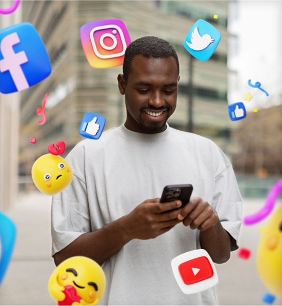 A man engaged with his smartphone, surrounded by various social media icons representing digital connectivity.