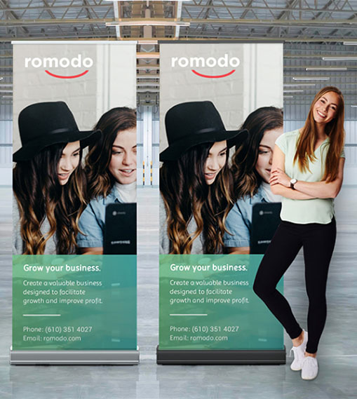 Roll-up banner stand featuring a sleek design, ideal for promotional displays and events, showcasing vibrant graphics.