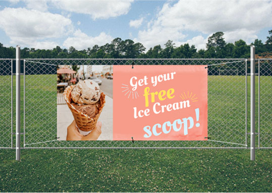 Free ice cream scoop banner featuring vibrant colors and enticing visuals, promoting a delightful treat for all.