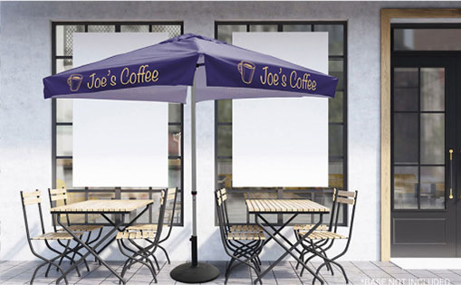 A purple umbrella featuring the text jock's coffee prominently displayed on its canopy.