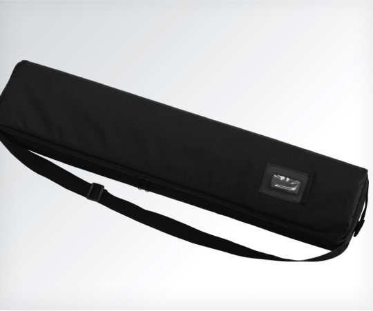 A sleek black carrying case designed to protect and transport a camera securely.