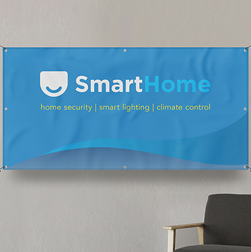 A blue banner displayed prominently on a wall, adding a vibrant touch to the surrounding space.