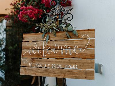 Welcome sign for a wedding, elegantly designed with floral accents and the couple's names prominently displayed.