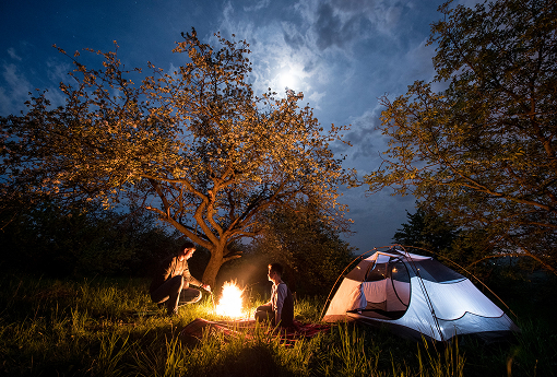 Two individuals gather around a glowing campfire under the night sky, sharing stories and enjoying the warmth.