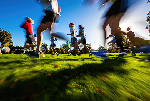 A diverse group of individuals sprinting energetically across a lush, green grassy field.