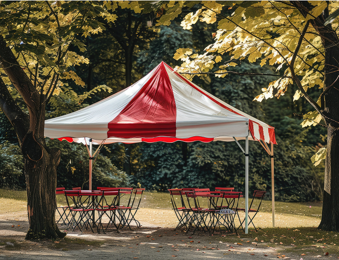 A red and white tent set up outdoors, featuring tables and chairs arranged for an event or gathering.