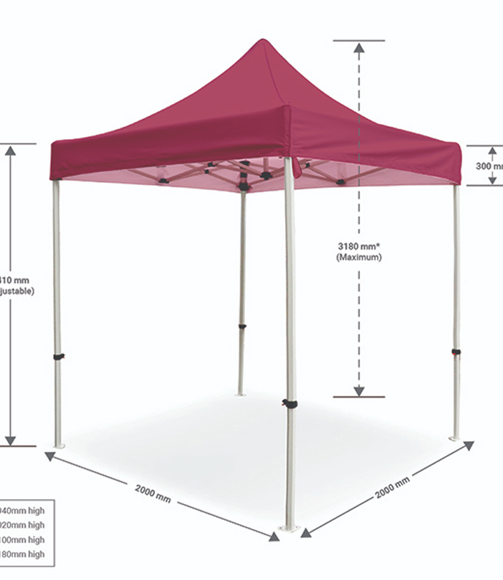 A red tent displayed with visible measurements and dimensions for reference.