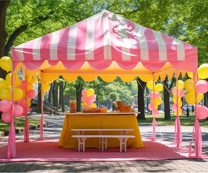 A vibrant pink and yellow tent adorned with colorful balloons, creating a festive and cheerful atmosphere.