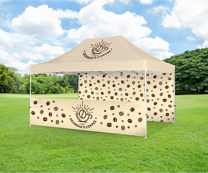 A coffee tent featuring a design of coffee beans, inviting patrons to enjoy freshly brewed beverages.