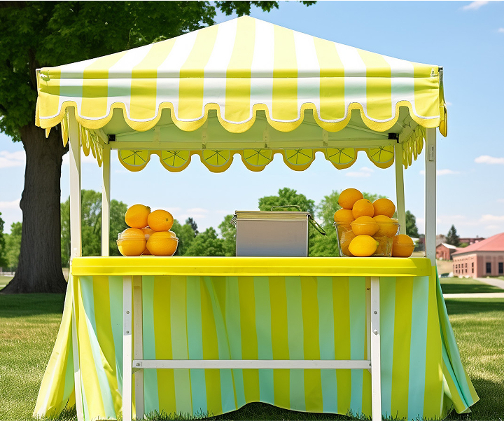 A charming lemonade stand featuring a table and chairs, inviting customers to enjoy refreshing drinks on a sunny day.