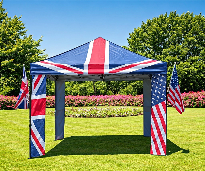 A tent displaying both the American and British flags, symbolizing a blend of cultures and camaraderie.