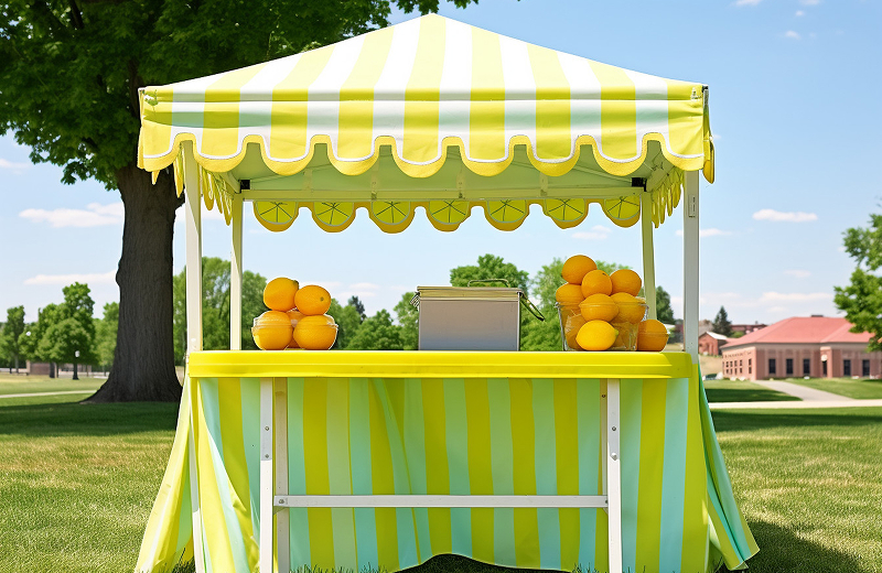 A charming lemonade stand featuring a table and chairs, inviting customers to enjoy refreshing drinks on a sunny day.