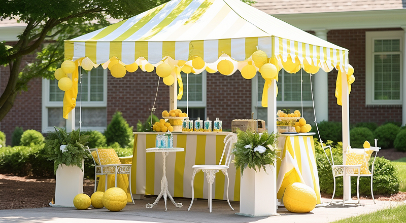 A yellow and white tent featuring a bar setup, ideal for outdoor events and gatherings.