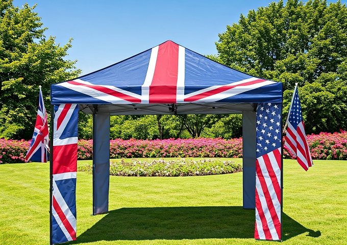 A tent displaying both the American and British flags, symbolizing a blend of cultures and camaraderie.