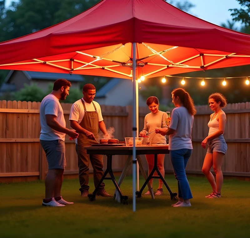 A group of people stands together around a vibrant red tent in an outdoor setting.