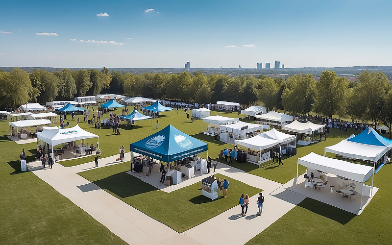 Aerial view of a large outdoor event featuring numerous tents and a crowd of people enjoying the festivities.