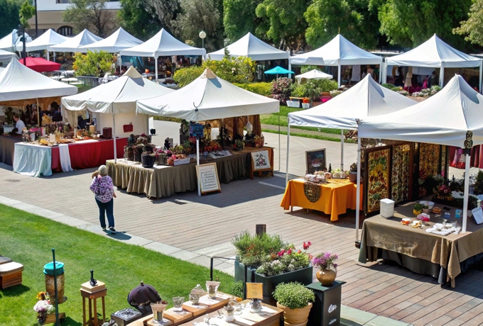 A bustling outdoor market featuring numerous tents and tables filled with various goods and visitors exploring the area.