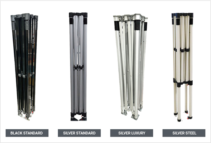 Four metal poles of varying sizes and designs, showcasing different styles and heights for comparison.