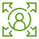 Green icon featuring arrows directing towards a person, symbolizing guidance or support.