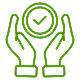 Green icon depicting two hands holding a check mark, symbolizing approval or completion.