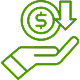 Green icon depicting a hand holding a dollar sign, symbolizing financial support or investment.