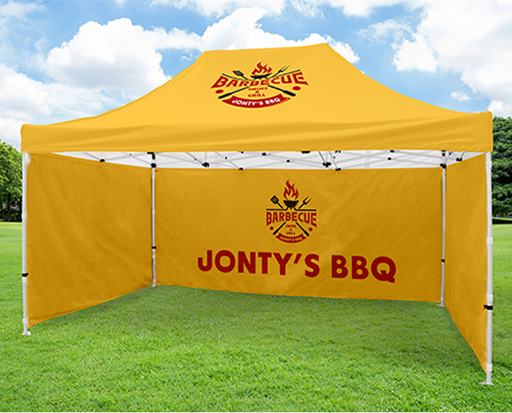 A customizable BBQ tent featuring various design options and colors for outdoor cooking and gatherings.