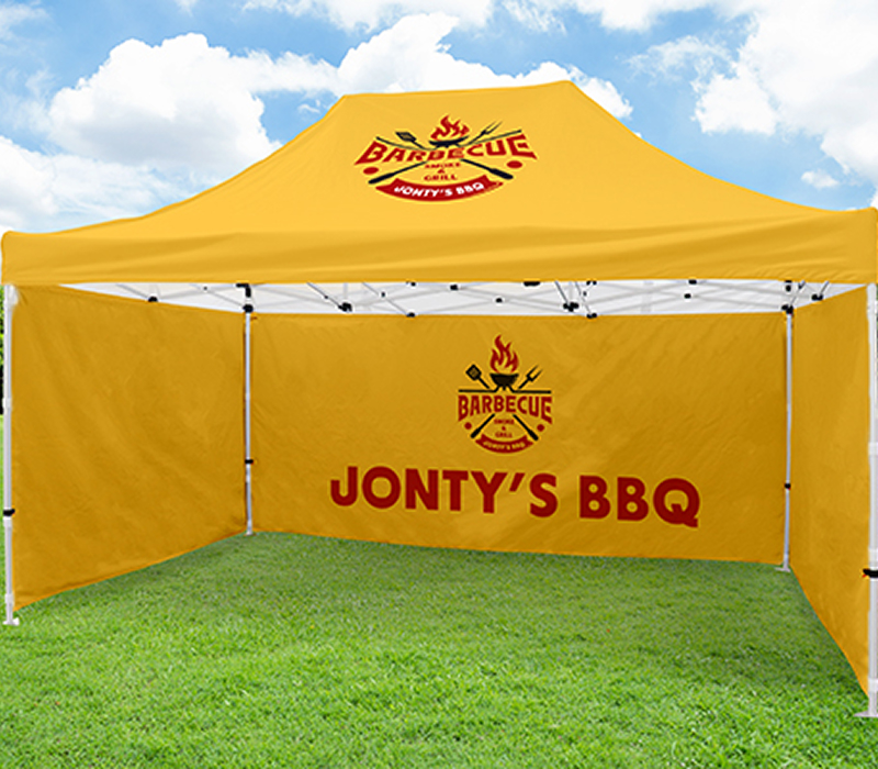 Customizable BBQ tent featuring various design options and colors for personalizing outdoor cooking experiences.