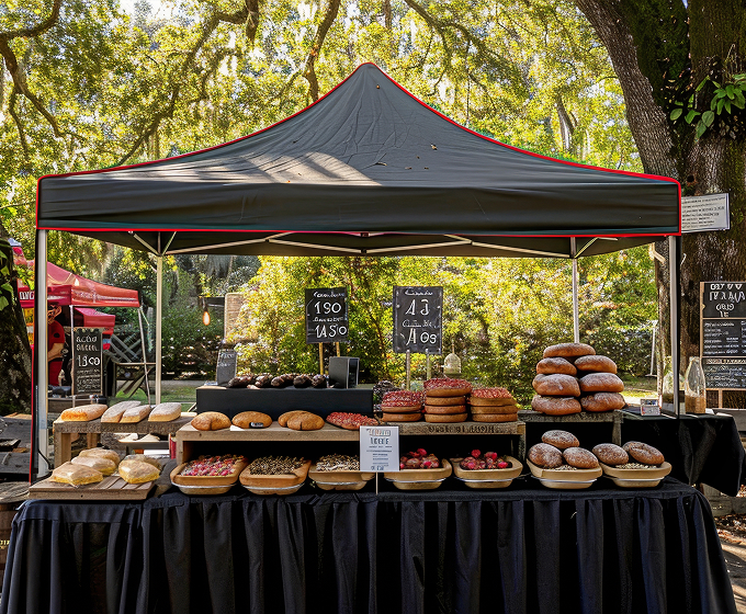 A table laden with various dishes and food items, set up under a large tent for an outdoor gathering.