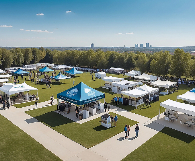 Aerial view of a large outdoor event featuring numerous tents and a crowd of people engaged in various activities.