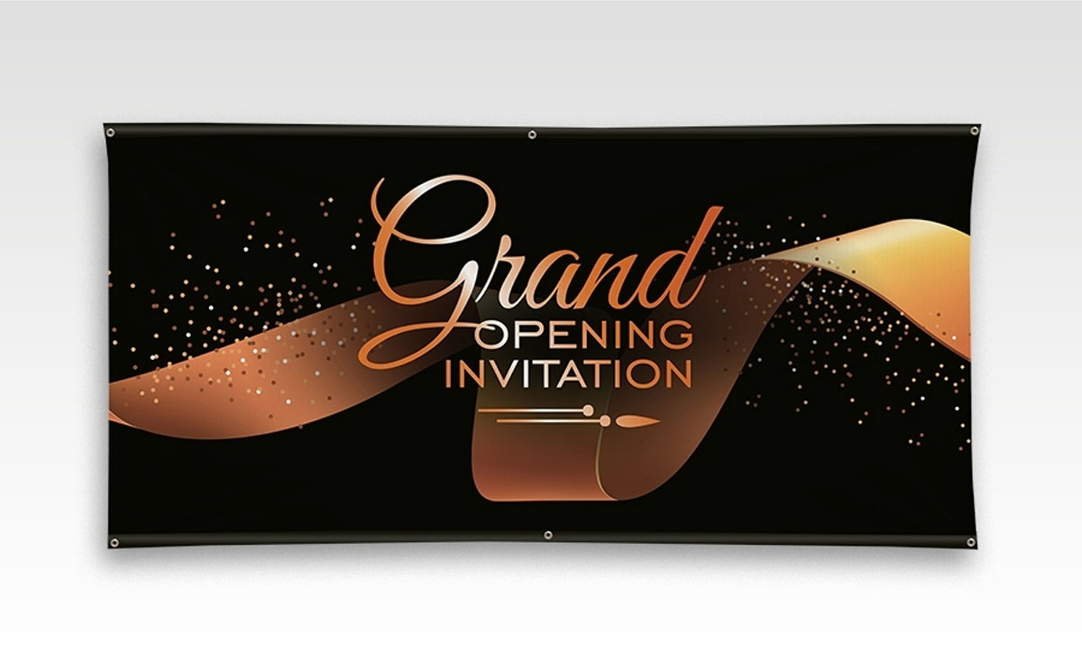 Grand opening invitation banner featuring vibrant colors and elegant design, announcing a special event celebration.