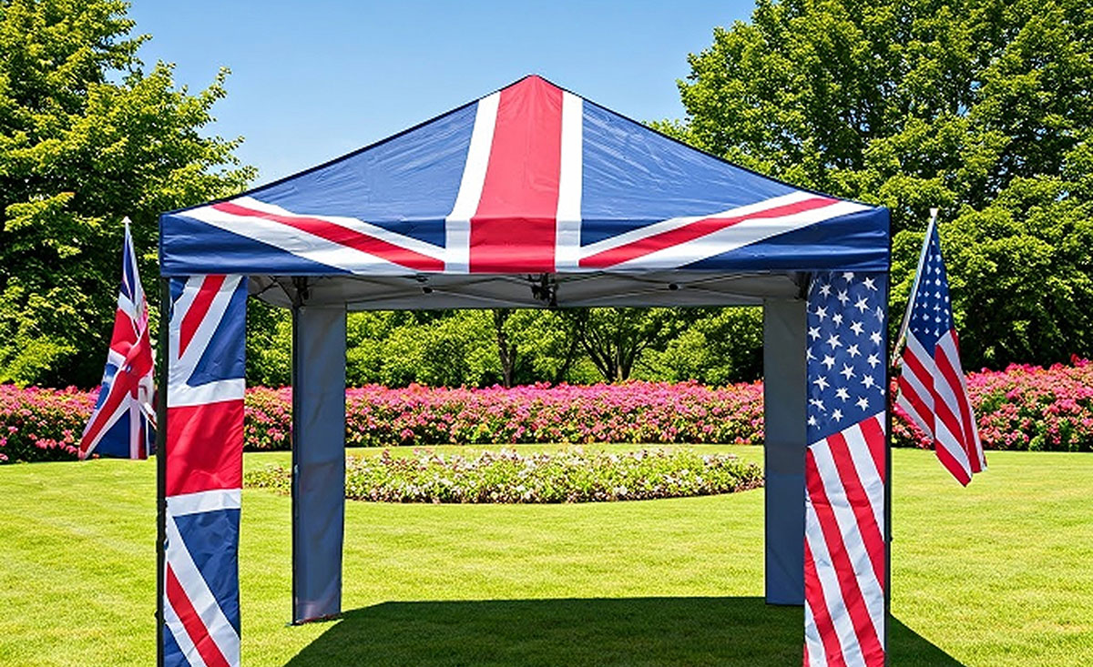 A tent displaying both the American and British flags, symbolizing a blend of cultures and camaraderie.