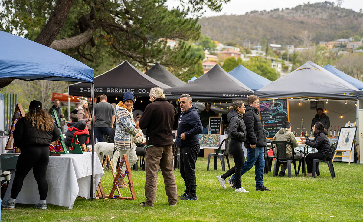 A bustling outdoor market in a park with people shopping among various stalls and vibrant displays of goods.